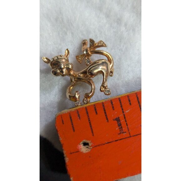 Castlecliff Vintage Gold Kitty Brooch With Rhinestones & Bow Jeweled Cat Pin - Picture 9 of 9